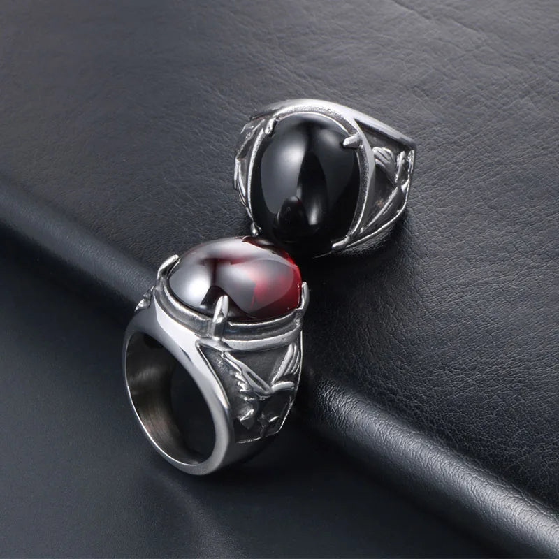 Stainless Steel Jewelry Eagle Red and Black Inset Agate Unique Shape Ring Fashion Trend Personality SA720