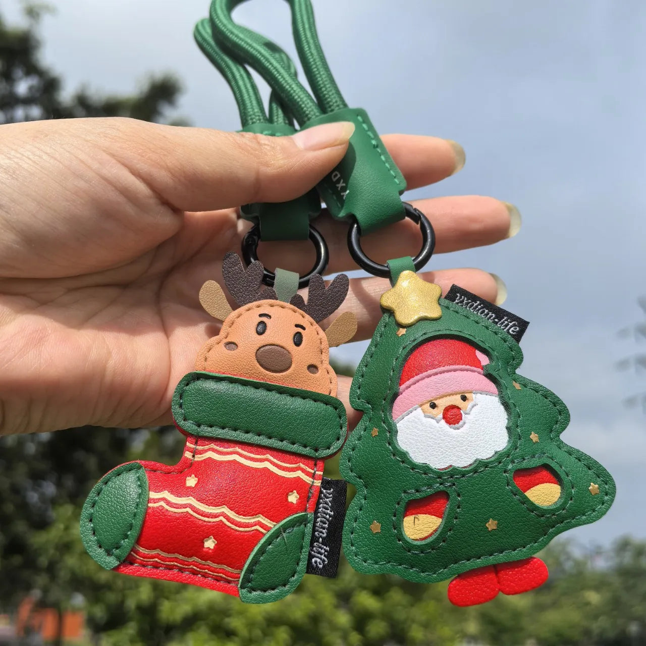 Christmas Series PU Leather Bag Charm Luxury Leather Car Key Bag Pendant Hand-stitched Key Chains