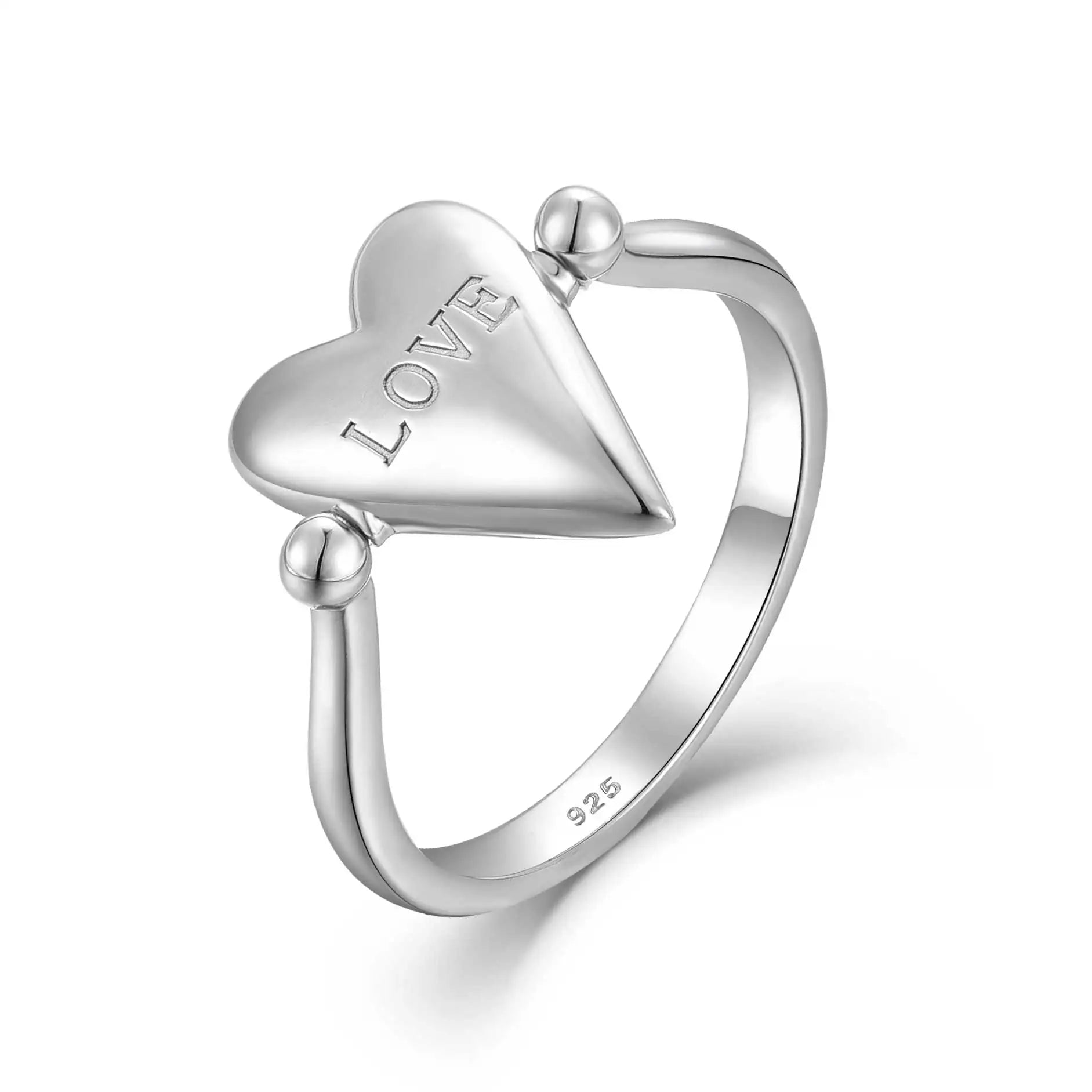 Romantic Fine Jewelry Gift 925 Sterling Silver Engagement Love Heart-Shaped Rhodium Plated Unisex Ring with Ball Accents