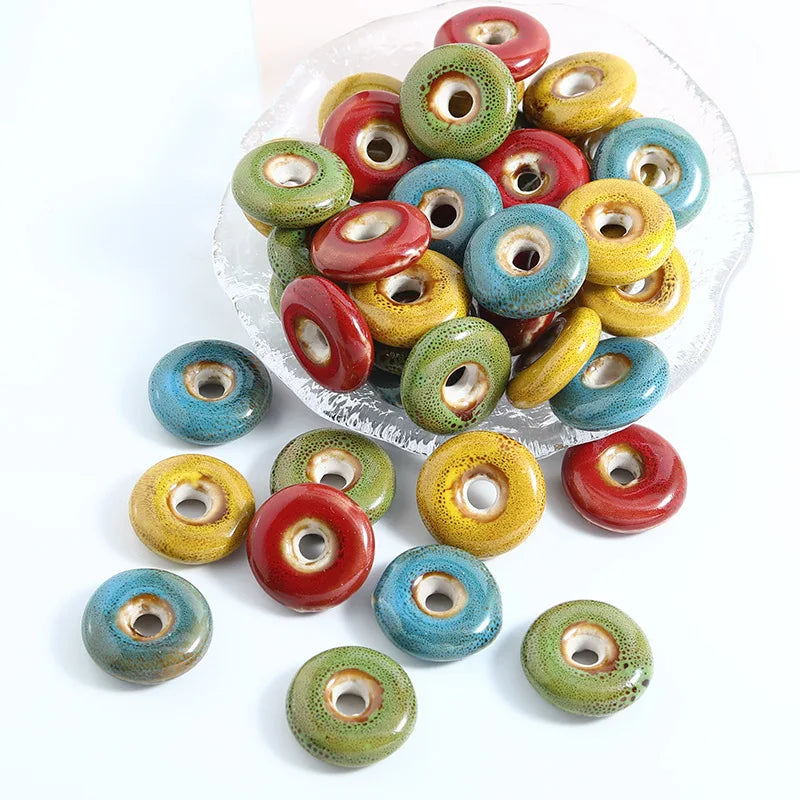 Simple 20mm Colorful Ceramic Clay Beaded Handmade Big Hole Flat Round Loose Beaded Charm for DIY Jewelry Making Accessories