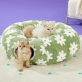 Luxury Pet Bed Circle Cushion Round Cage Cat Green Flower Design Plush Foldable Collapsible Cat Tunnel Bed