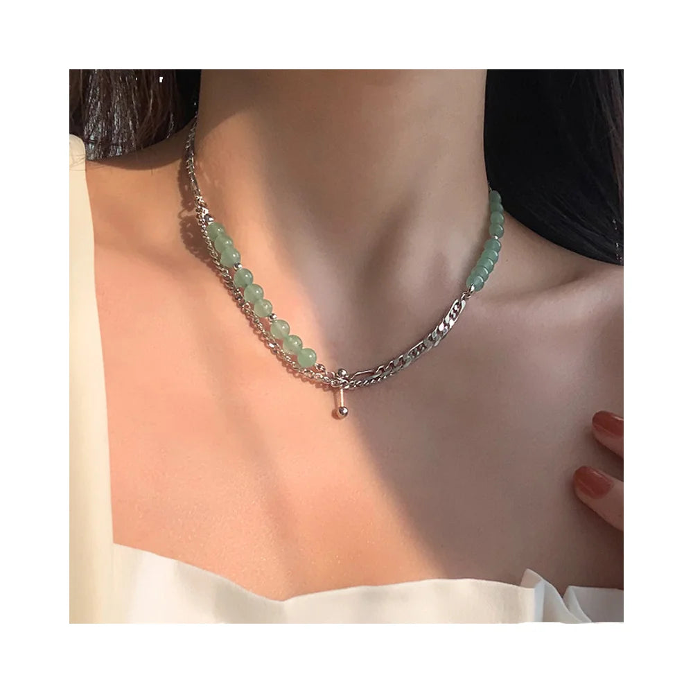 Women's Retro Natural Stone Double Layer Necklace Green Aventurine with Stainless Steel Classic Style for Wedding or Gift