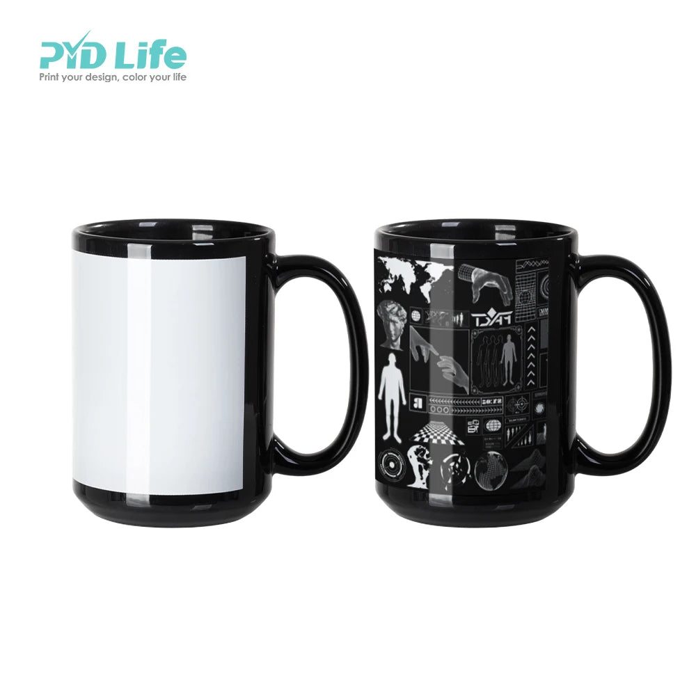 15oz Sublimation Black Mug with White Patch Coated Ceramic Coffee Cup Custom Printing Blank Wholesale Bulk