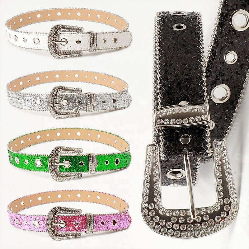 Women Belt Glitter Rhinestone Buckle Waist Belt Multi-Color Sparkly Adjustable Accessory for Dresses Jeans Party Fashion