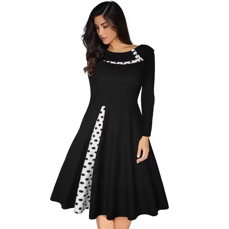 Plus Size S-3XL a Line Midi Dress Dot Color Elegant Vintage Lady Dresses Polka Dot Print Button Patchwork 50s 60s