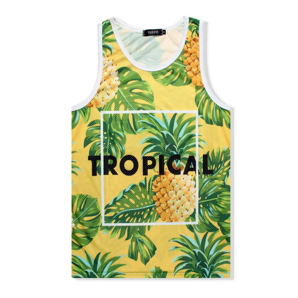 Men's Casual 3D Printed Pineapple Floral Pattern Eco-Friendly Quick-Drying Breathable Knitted Sleeveless Sports Vest for Beach