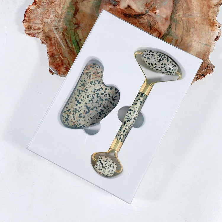 HZ Customisable Gold Wire Dalmatian Jasper Jade Roller Gua Sha Set Personalised Heart Shape in Box Kit