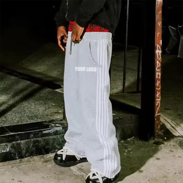 Custom High Quality OEM Oversize Terry Cotton Loose Baggy Jogger Wide Leg Men Sweat Pants Mans High Double Waisted Sweatpants