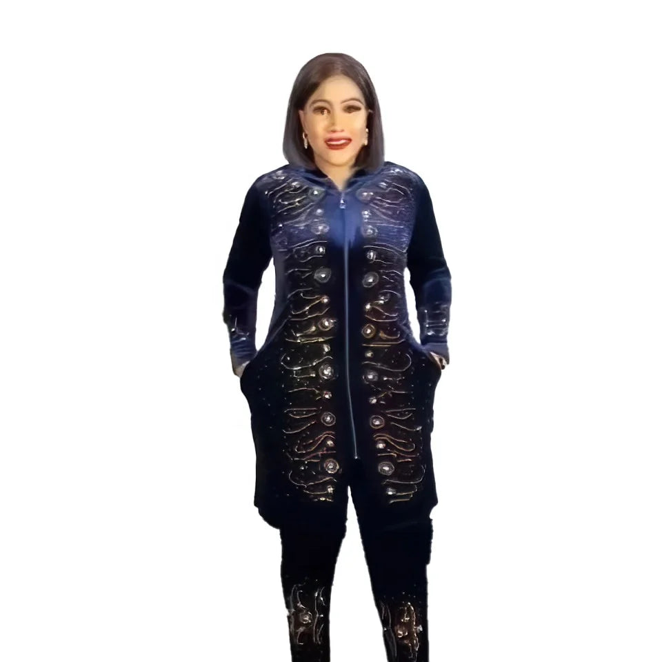 New Arrival China African Outfit Velvet Two Piece Set Women Clothing Summer 2026 Luxury Rhinestones South African Clothing
