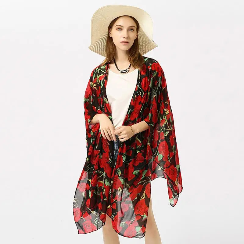 MIO Summer Long Floral Printed Beach Sunscreen Bikini Coat Women Chiffon Cardigan Blouse