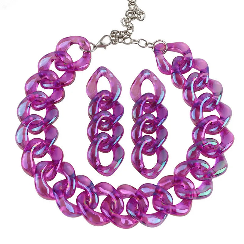 New Punk Style Jelly Iridescent Color Necklace Link Chain Necklace Earrings Jewelry Sets Hip Hop Round Shape Long Acrylic 1piece