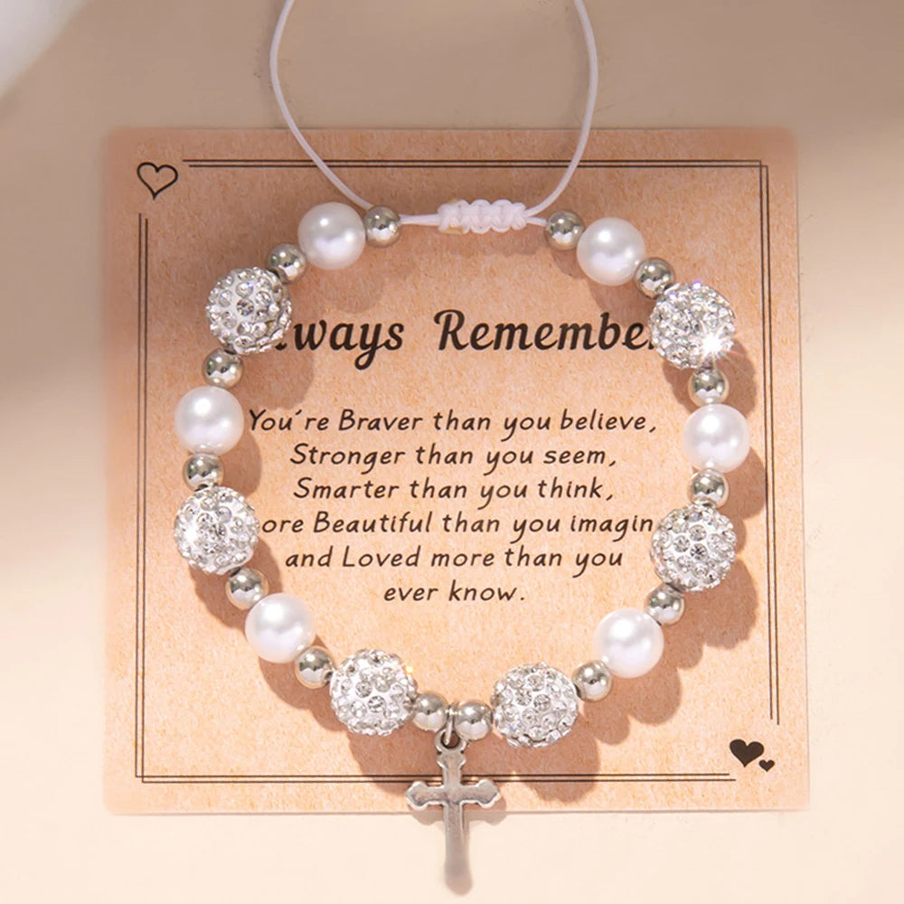 Luxury Imitation Fresh Water Pearl Adjustable Elastic Cord Beaded Bracelet Cross Charm Heart Stitching Bracelets for Women Girls