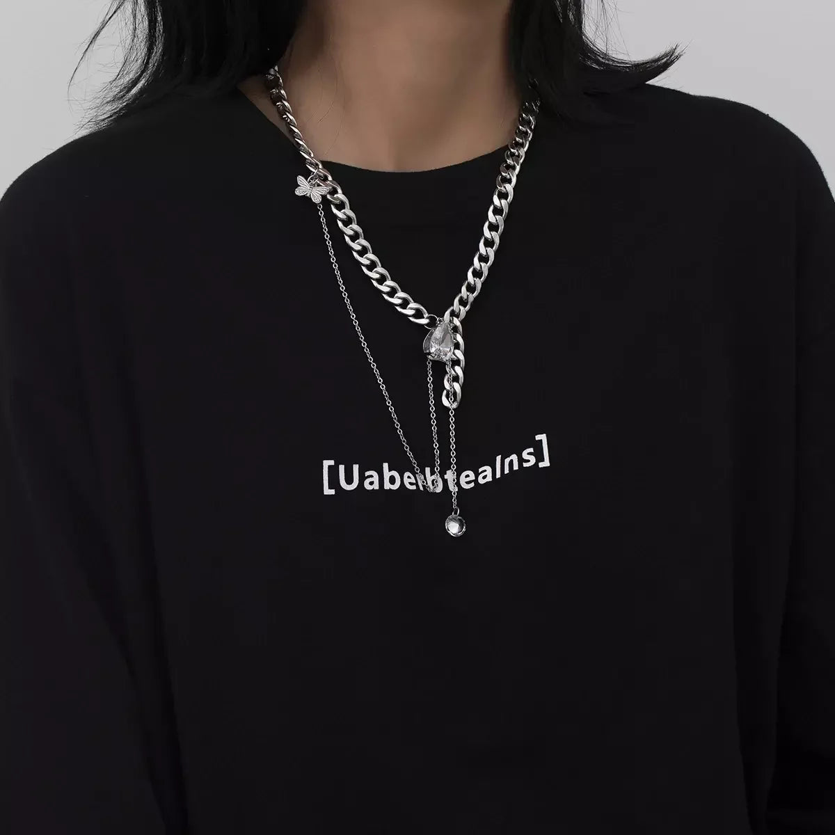 Stainless Steel Chain with Crystal Pendant Necklace for Women Designer Lady Daily Butterfly Necklace Fashion Jewelry Female Gift