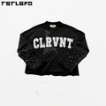 Streetwear Distressed Embroidery Patches Double Layer Pullover Men Tee Shirts Rhinestone Long Sleeve Oversized Boxy T-Shirt Men