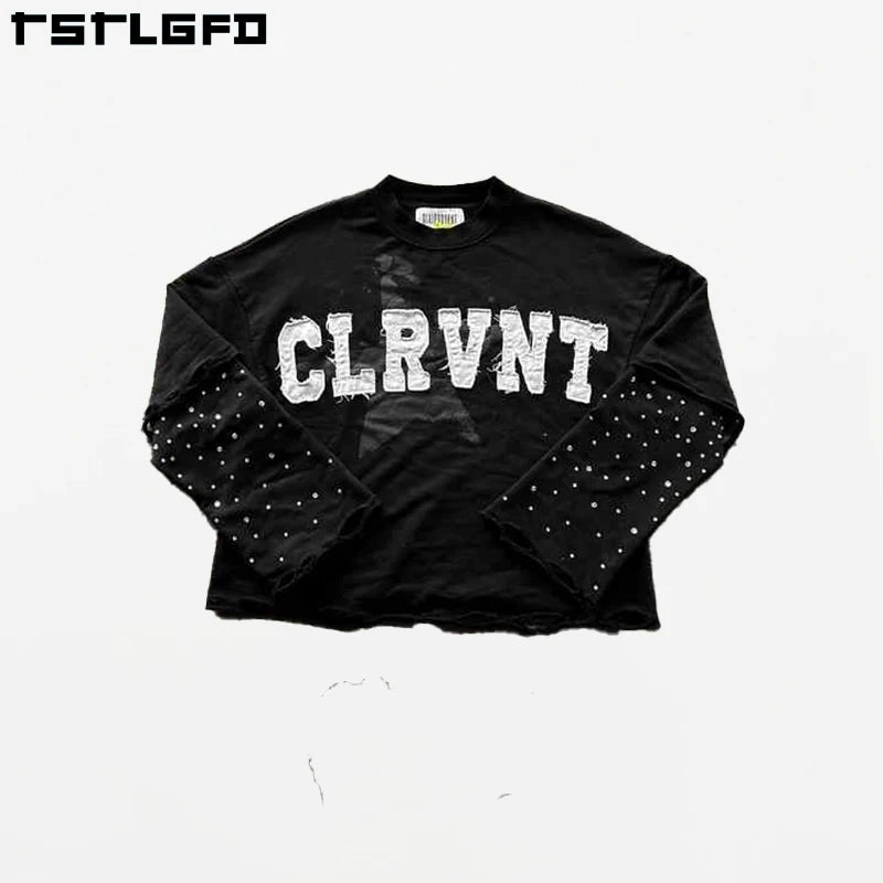 Streetwear Distressed Embroidery Patches Double Layer Pullover Men Tee Shirts Rhinestone Long Sleeve Oversized Boxy T-Shirt Men