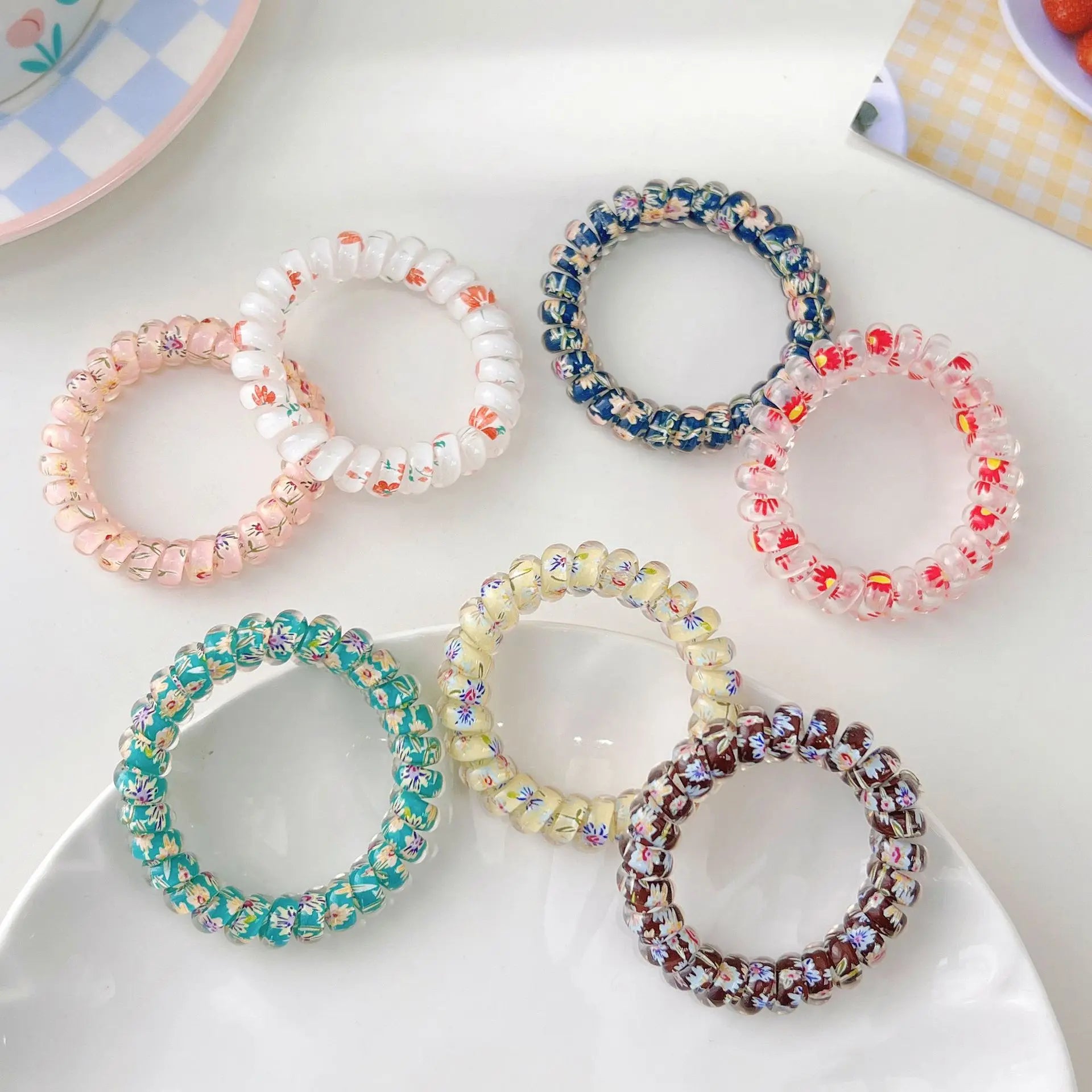 MIO Korea Fashion No Crease Coil Hair Ties Floral Telephone Wire Spiral Hair Ties Plastic Elastic Hair Rubber Bands for Girls