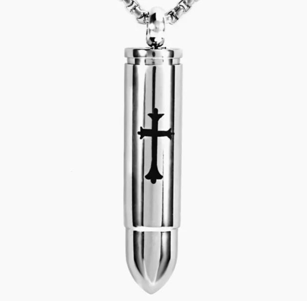 Stainless Steel Bullet Cremation Urn Pendant Punk Necklace Ash Bullets Cross Fashion Ash Keepsake Jewelry Hip Hop Memorial Urn