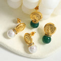 European And American Retro Style 18K Gold Plated Stainless Steel Embossed Stamp Green Agate White Pearl Zircon Pendant Earrings