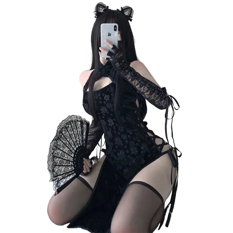 Hot Wholesale High Quality Erotic Cosplay Black Dress Japan Sexy School Girl Cheongsam Bodysuits Lace Woman Lingerie Costume