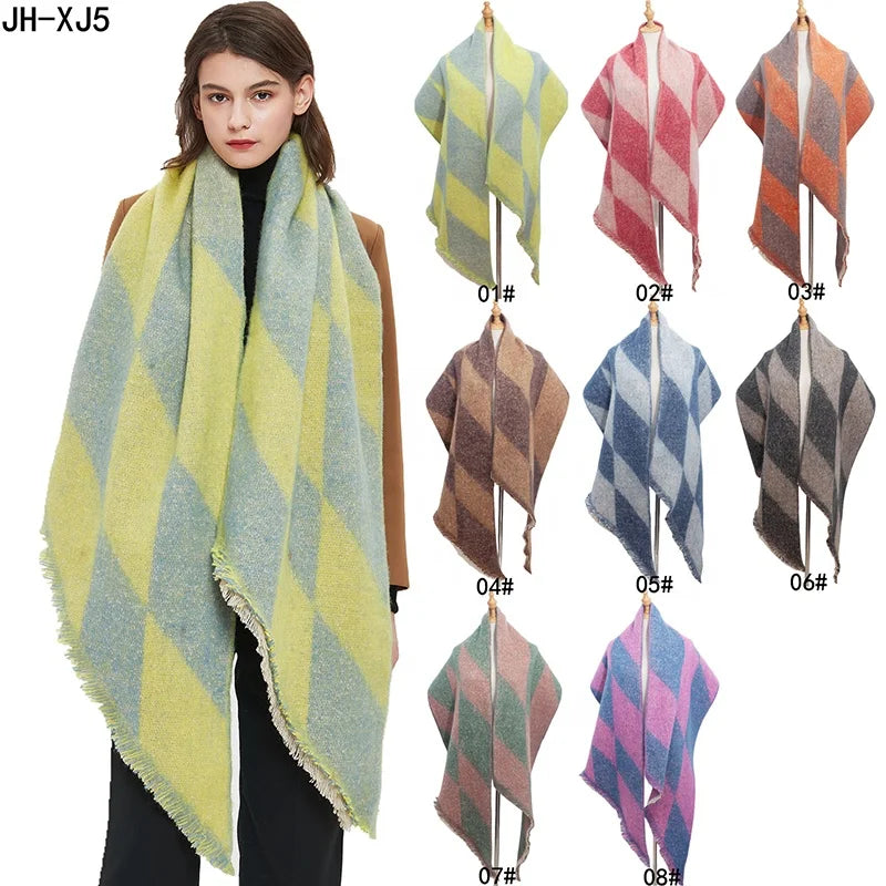 Landfond Accessory Women Winter Triangle Scarf Classic Plaid Warm Scarf Oversized Soft Scarves Large Knitted Wrap Shawl
