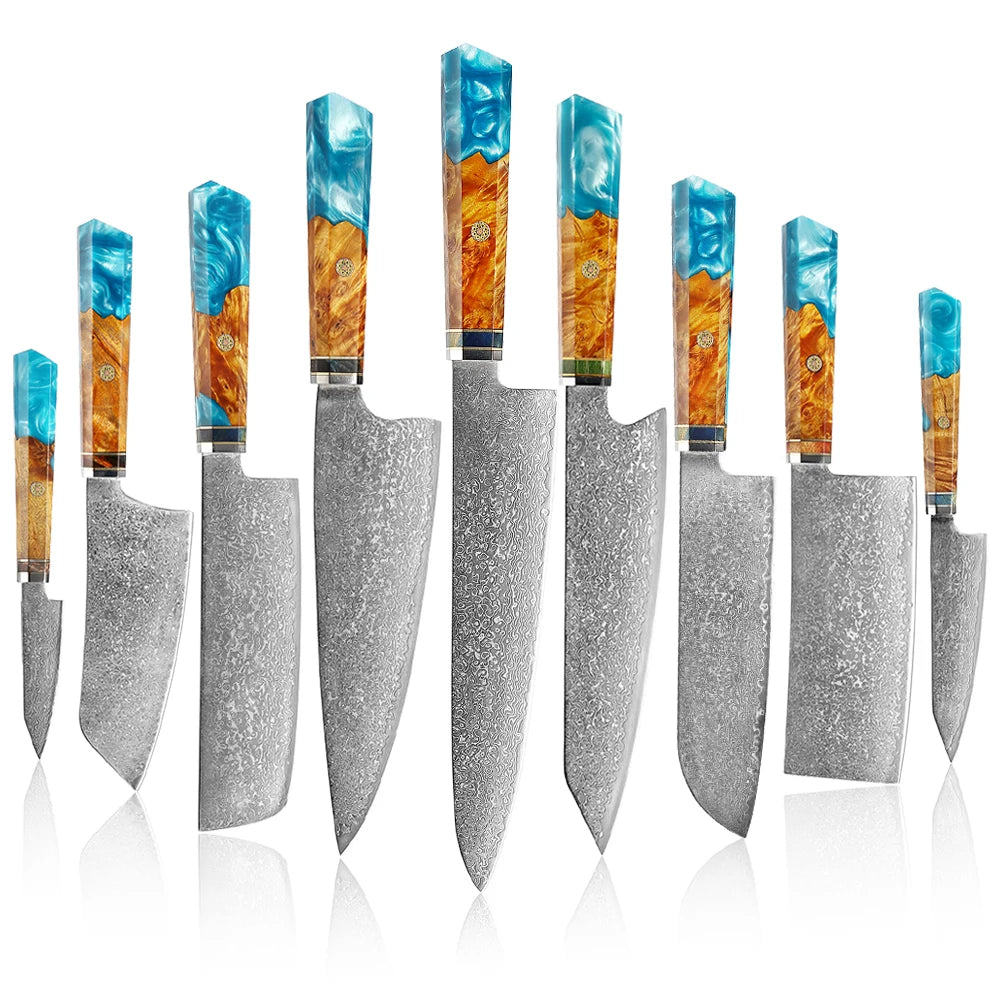 Factory Wholesale 67 Layers Damascus Steel Japanese Steel Vg10 Handmade Damascus Knife Set Kitchen Knives Chefs Santoku Knives