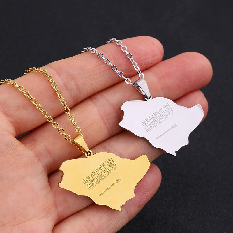 Vintage Arabic Letter Necklace Glossy Gold Plating Stainless Steel Saudi Arabia Map Pendant Middle Wedding Christian Christian