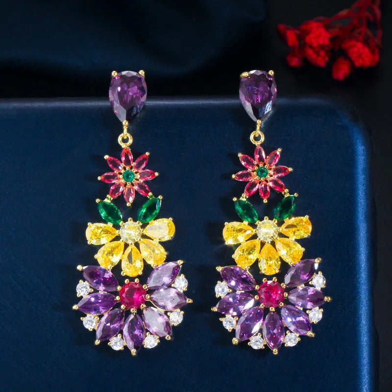 Unique Multi Color Cubic Zirconia Fancy Cluster Flower Dangle Drop Earrings for Women Wedding Party Dress Jewelry