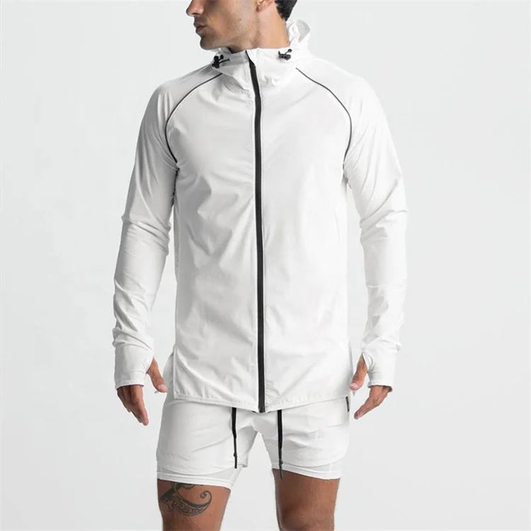 Men Sportswear White Color Zip up Workout Hoodies Breathable Gym Athletic Jacket Shorts Windbreaker Tracksuit