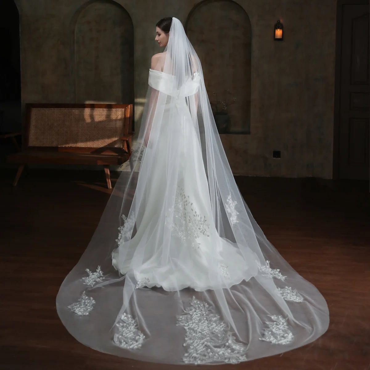 SLBRIDAL One-Layers Lace Flower Bridal Veils With Combs Wedding Veils Wedding Wear Accessories For Bride Mariage Women