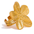 Waterproof 18K Gold Color Flower Big Open Trendy Fashion Party Summer Statement Jewelry Stainless Steel Ring for Women