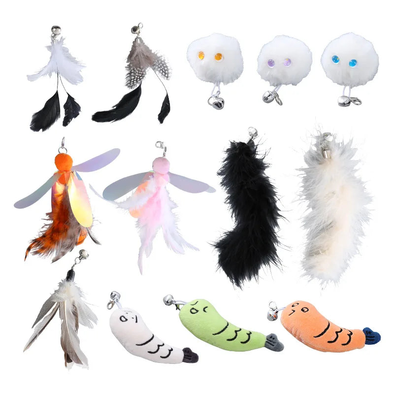 Pet Cat Teasing Stick Toy Feather Replacement Head Plush Cat Toy Glitter Flying Fish Cat Interactive Toy