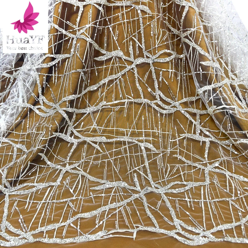HY1465 Gorgeous White Silver Bridal Tulle Lace Fabric With Sequins and Beads Wedding Dress Wholesales