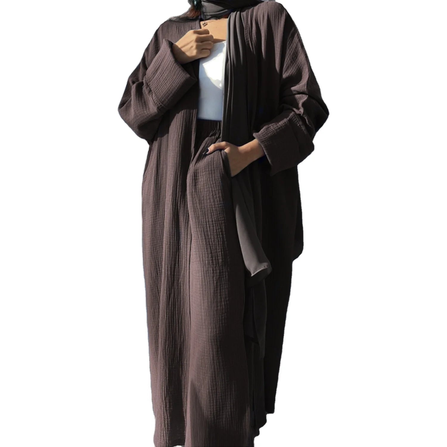 2026 Modest Crinkled Elegant Turkey Dubai Kaftan Dress Set With Pants Two Pieces Clothes Suit Islamic Eid Kimono for Women L0007
