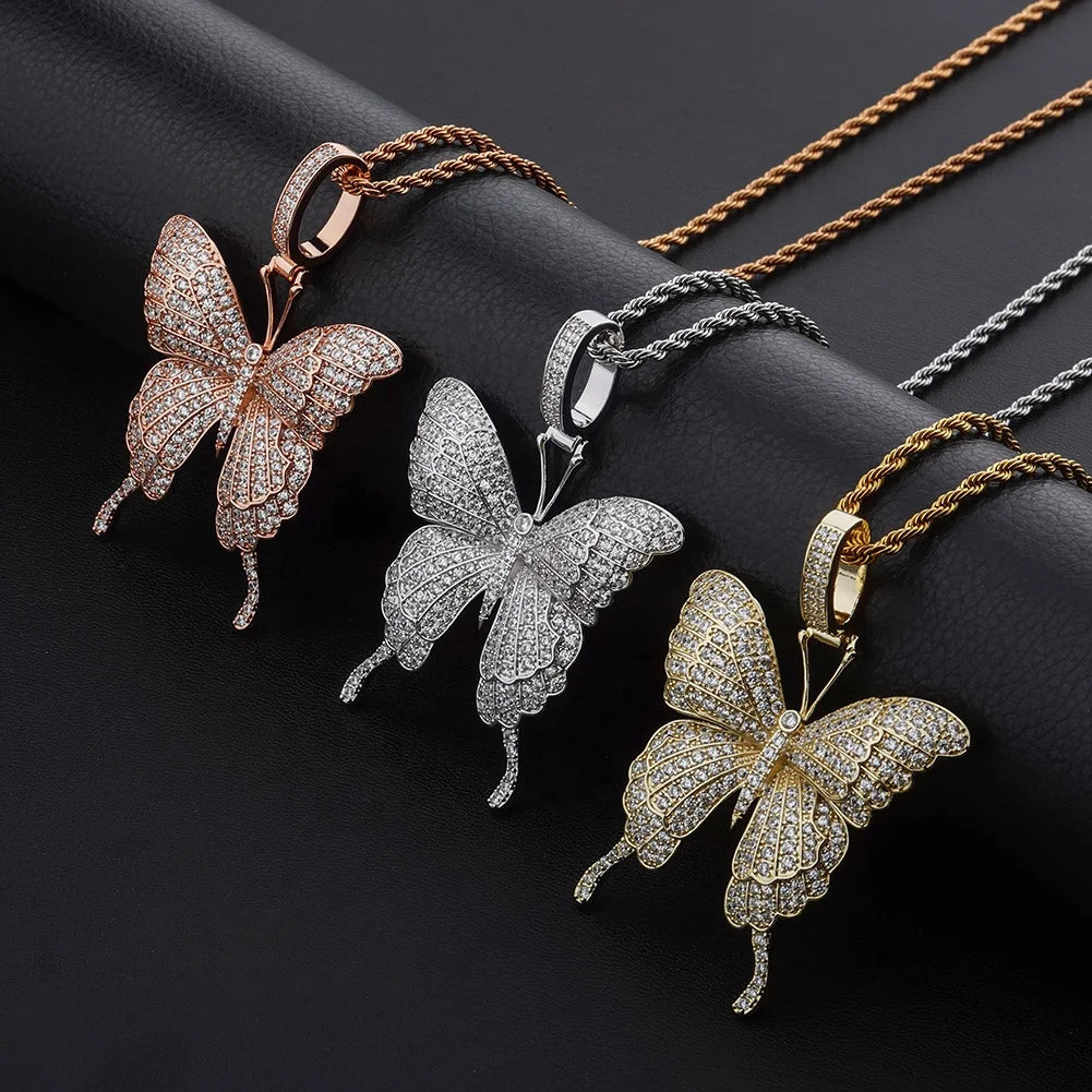 Animal Butterfly Pendant Necklace Gold Plated Rope Chain Cubic Zirconia Mens Women Hip Hop Rock Jewelry Butterfly Charm