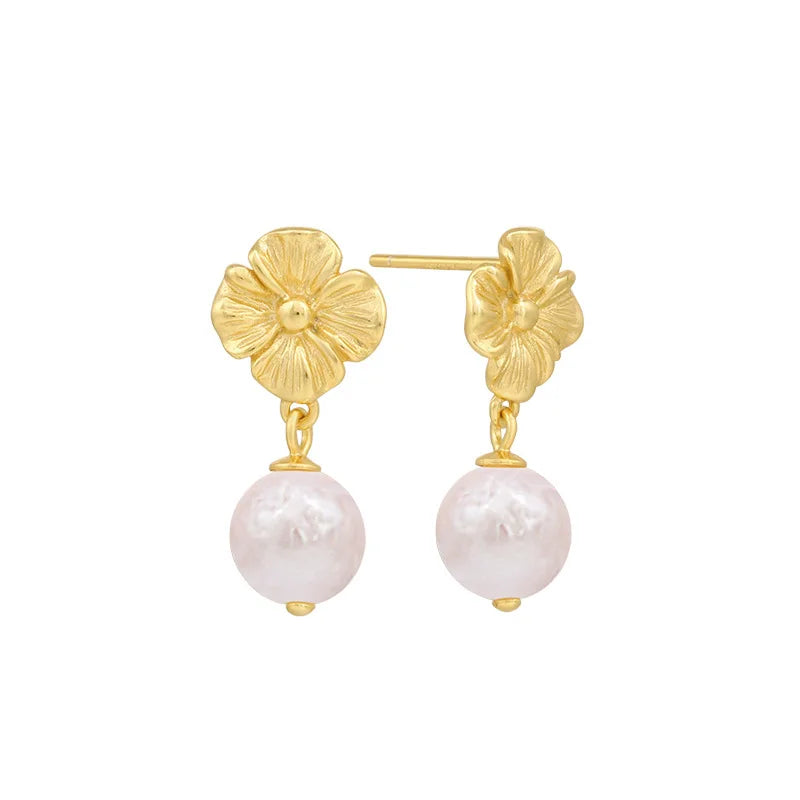 925 Silver 18K Gold Plated Flower Shape Drop Earrings for Womens Party Baroque Oversize Pearl Earrings