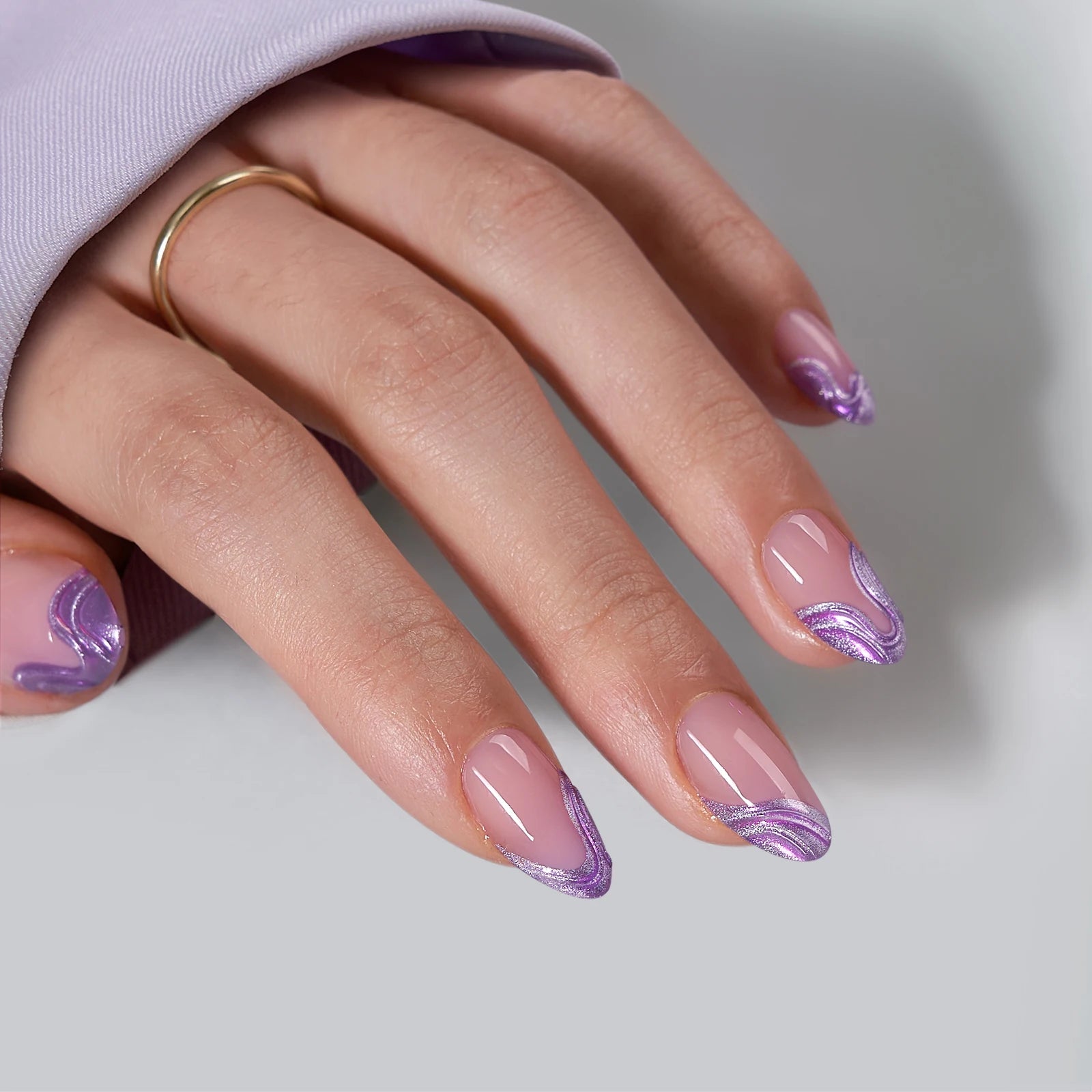 BTArtbox 3D Design Luxury Soft Gel Artificial False Fake Nails Wholesale Short Almond Purple French Bling Chrome Press on Nails