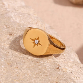 Zircon North Star Signet Ring Waterproof Jewelry 18k Gold Plated Stainless Steel Rings