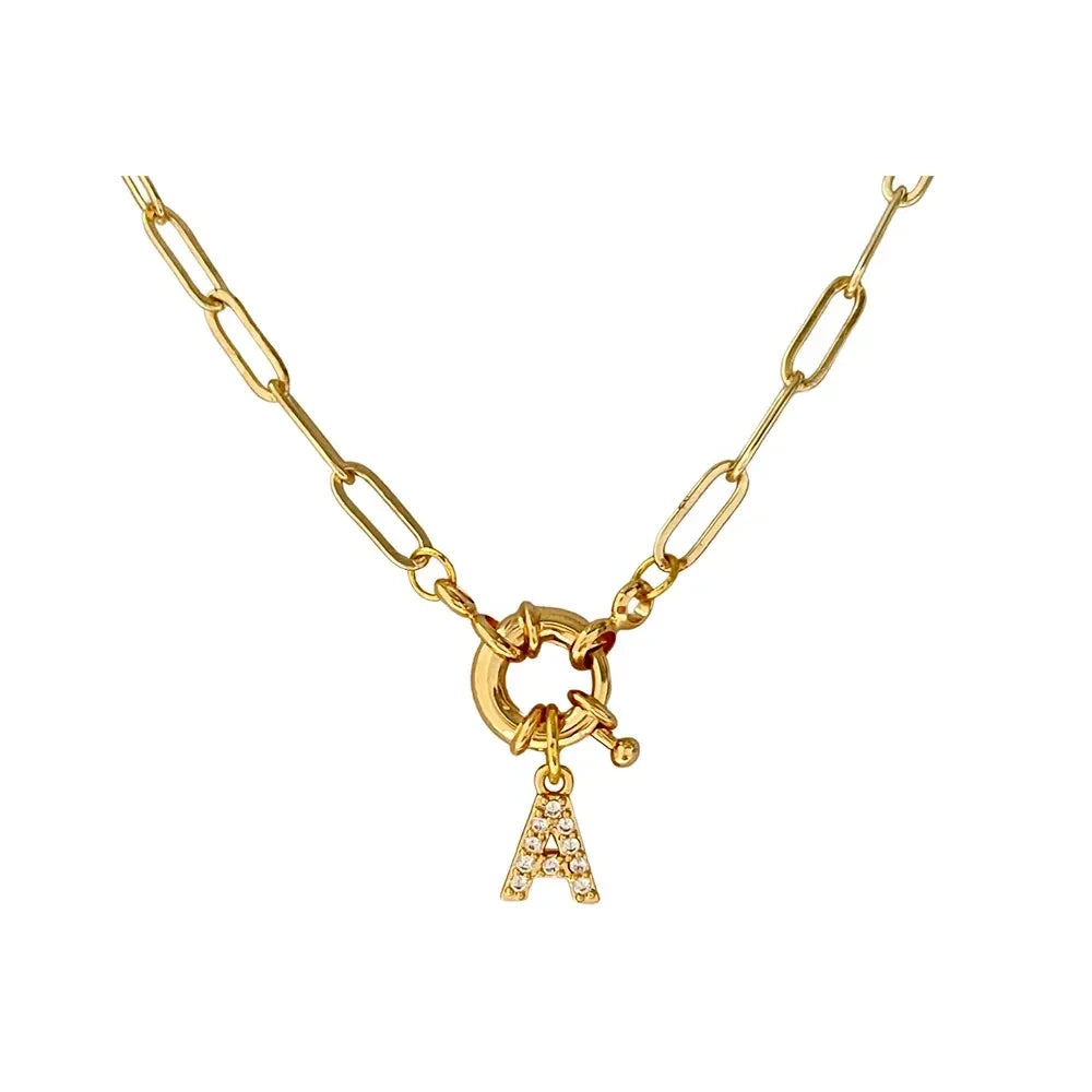 SC Jewelry Women Gift Cubic Zirconia Initial Necklaces 14K Gold Plated Paper Clip Chain 26 Letter Necklace