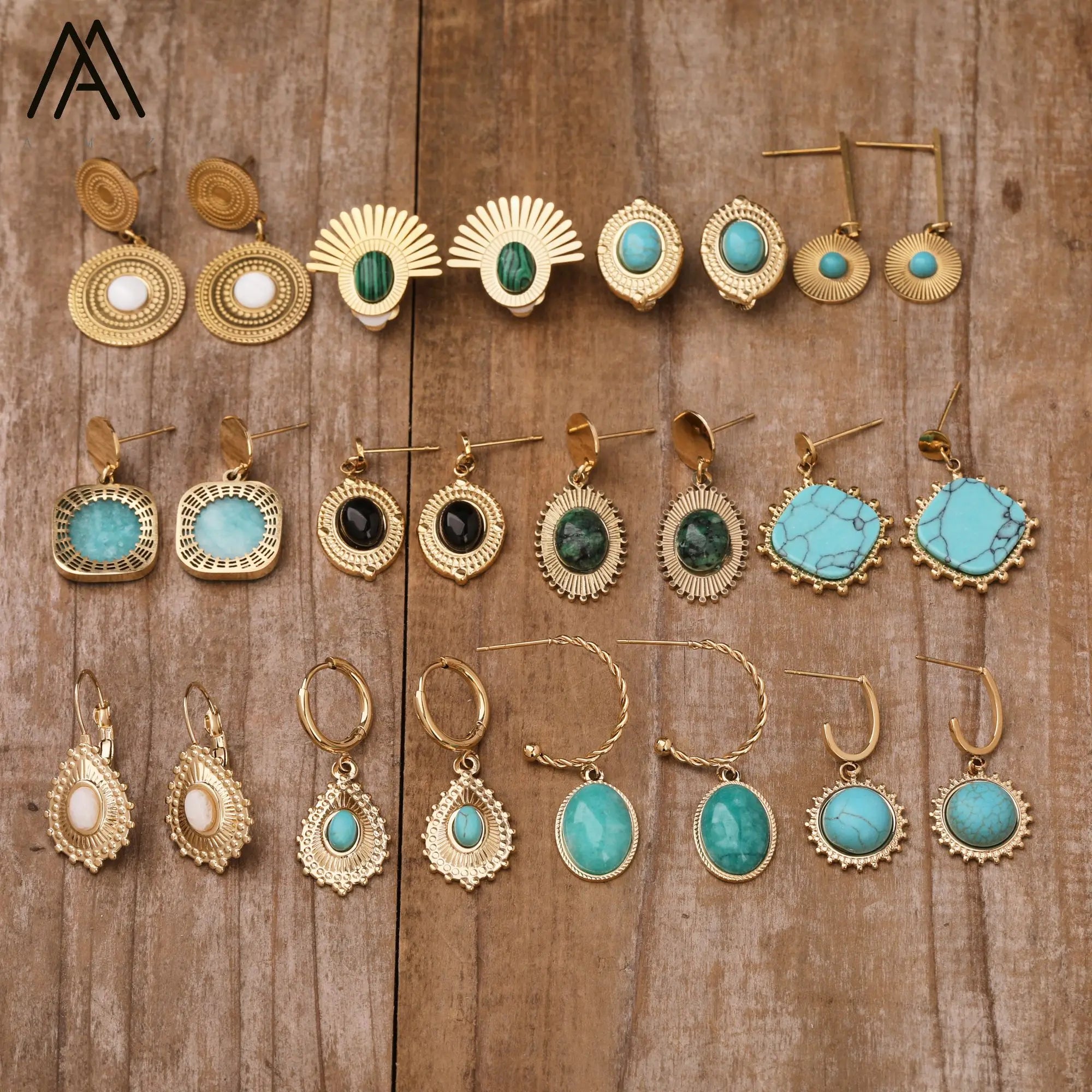 Bohemia Punk Earrings for Women Vintage Healing Stone Turquoise Stainless Steel Jewelry Ear Stud Wholesale