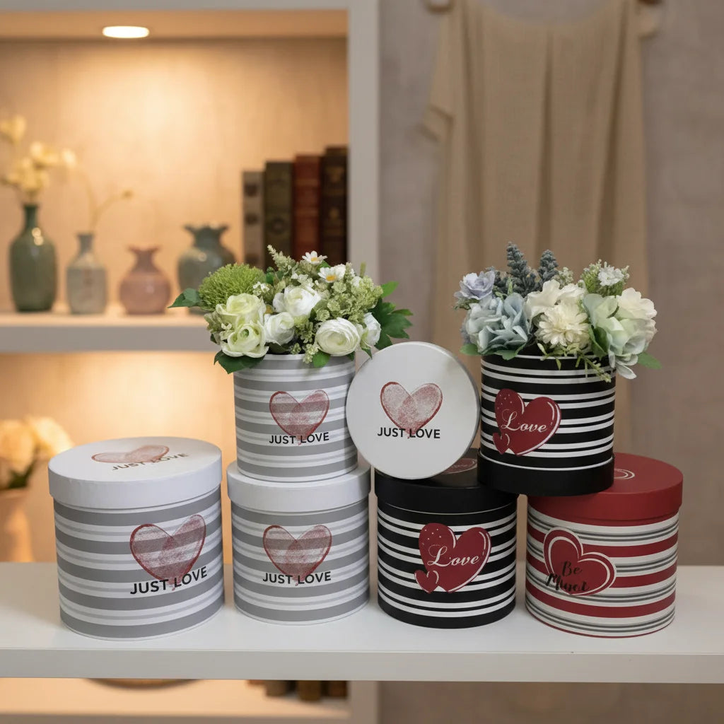 Valentine's Day Flower Box Printed Heart Pattern Round Gift Box Three-Piece Set Bucket Flower Hug Bucket Packaging Box