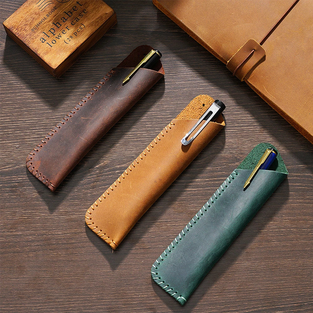 Custom Handmade Protective Sleeve Cover Crazy Horse Genuine Leather Pen Case Pouch for Pencil Stylus Creative Gift