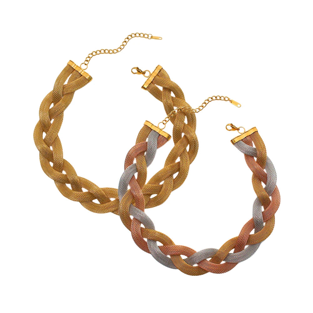 Waterproof Women Jewelry Mesh Stainless Steel  Jewelry 18K Gold Plated Flat Mesh Necklace Braided Herringbone Necklace