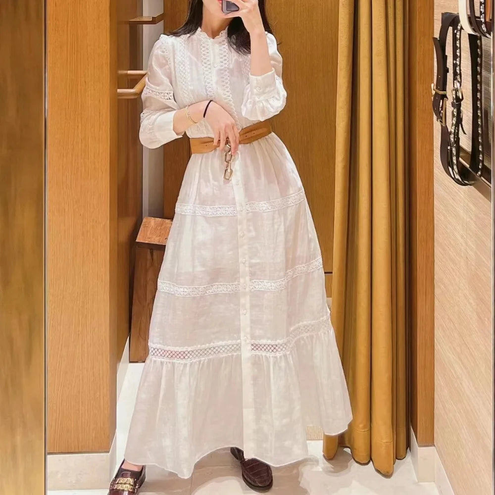 French Elegant 2023 New Summer Women's Casual Solid Natural Breathable Worsted Lace Collar Hollow Puff Sleeve White A-Line Long