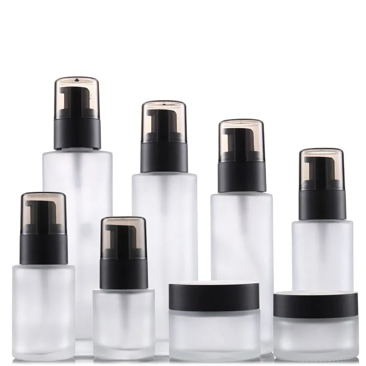 Wholesale 20ml-100ml Frosted Glass Lotion Pump Bottles Flat Shoulders Cosmetic Container for Face Cream Carton Packing