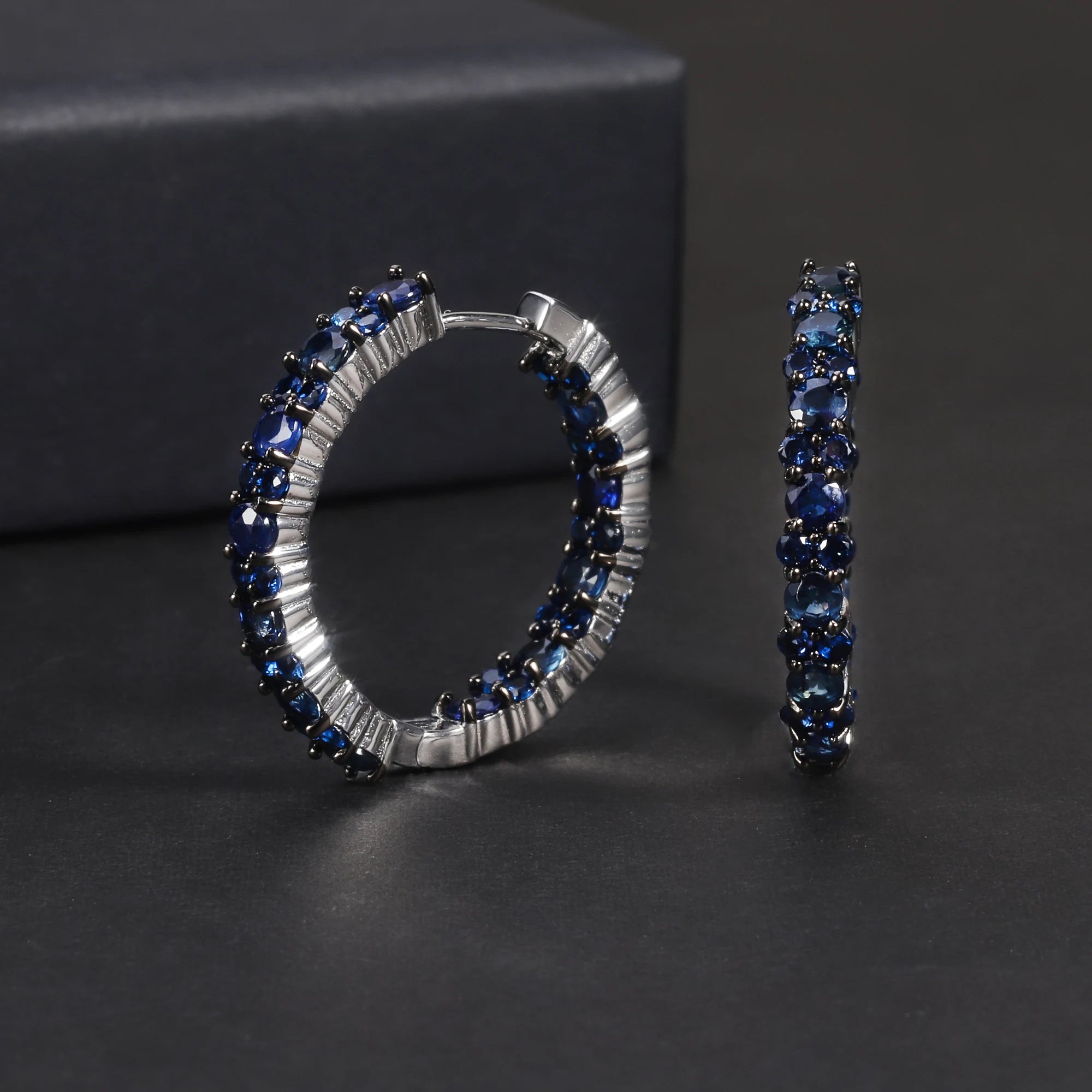 RZ0006 Abiding Fine Jewelry Custom Round 3mm Diffusion Natural Blue Sapphire Gemstone Small Sterling Silver Hoop Earrings