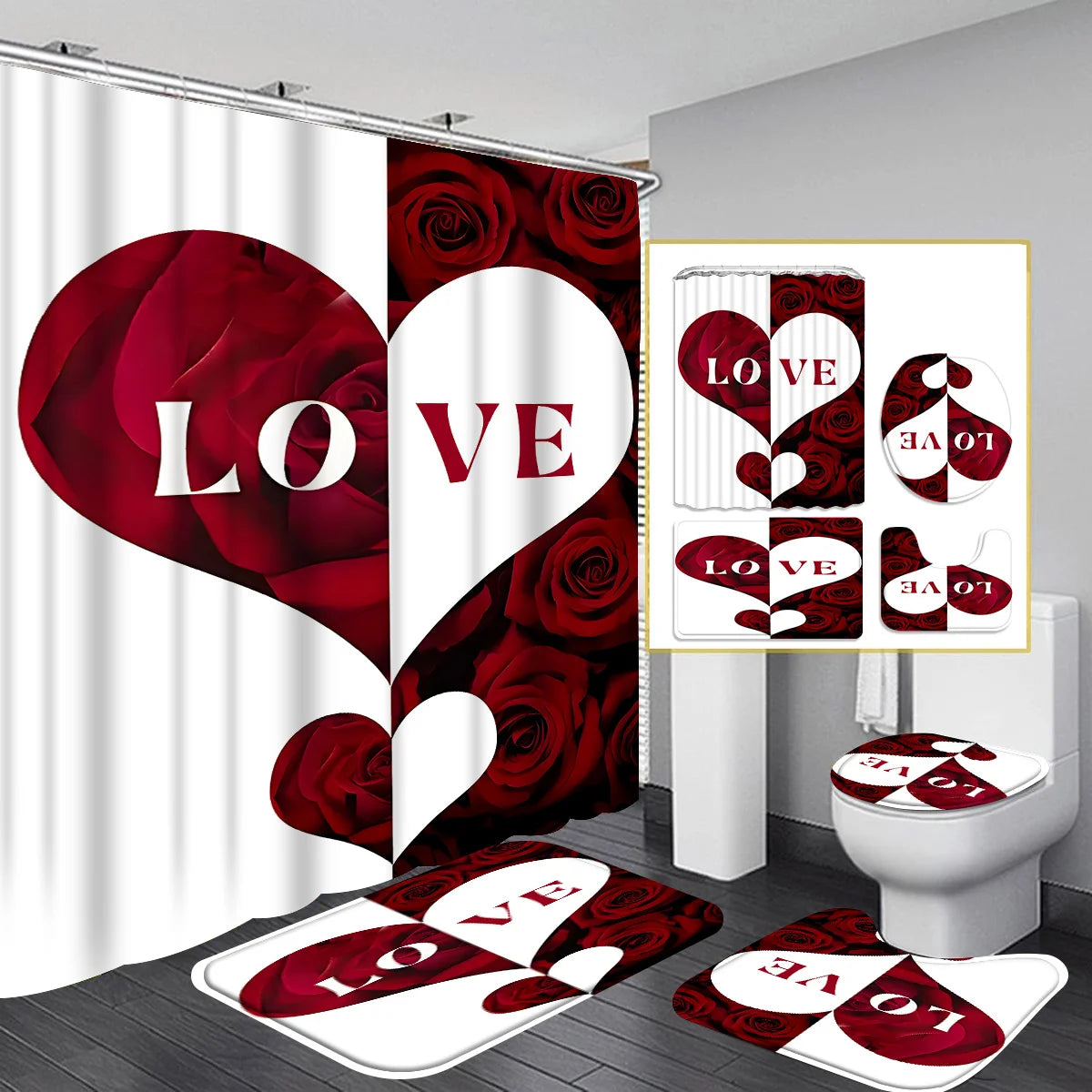 4pcs Romantic Rose Shower Curtain Set with Rugs Enhance Your Bathroom Aesthetic with This Love-Themed Collection