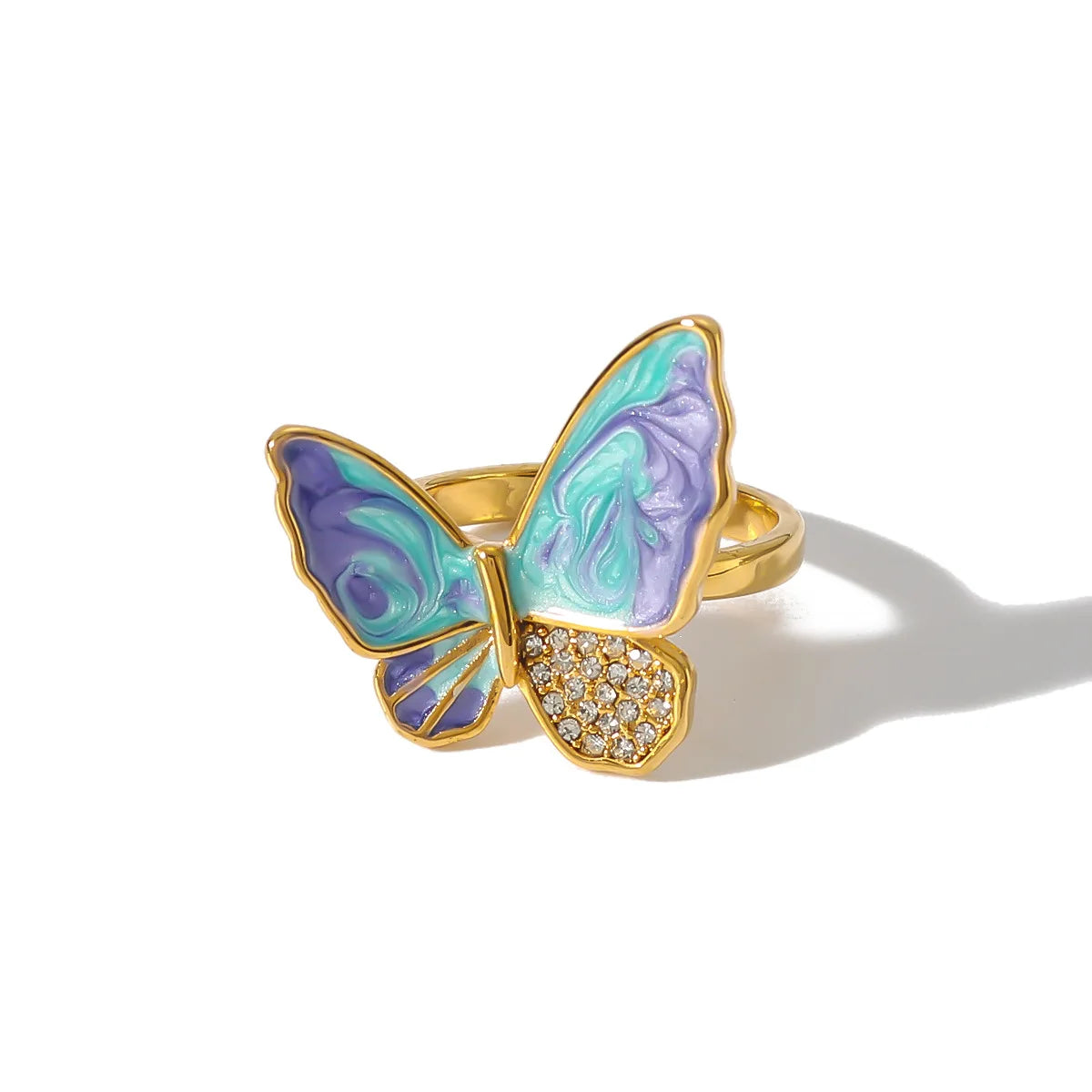 Fashion Jewelry 18k Gold PVD Plated Waterproof Stainless Steel Ring Open Adjustable Butterfly Zircon Enamel Ring for Women