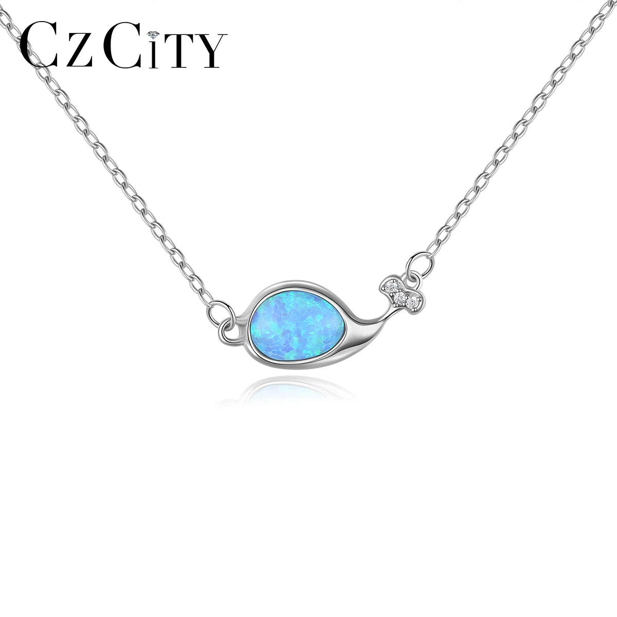 CZCITY Blue Opal Dolphin Pendant Necklace 925 Sterling Silver Link Chain Necklace Jewelry Women