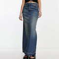Vintage Bohemian Maxi Denim Skirt for Women High Rise Breathable Natural Waistline Blue Dirty Wash Practical Functional Pockets