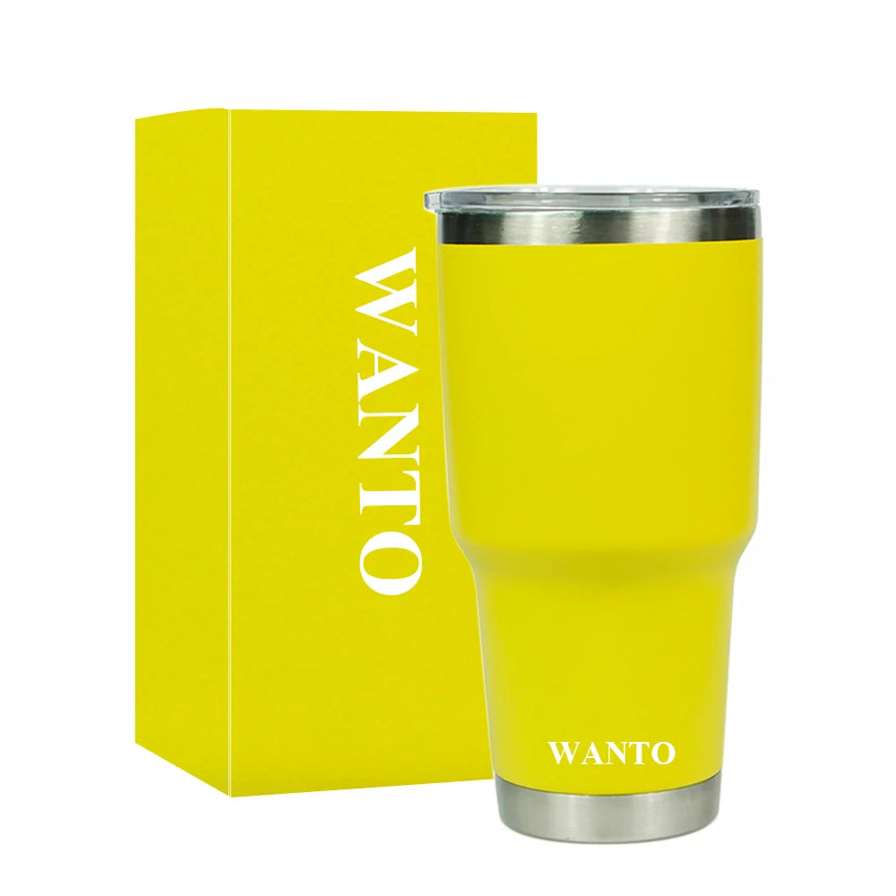 Wanto 20oz 30oz 10oz Yellow Powder Coated Stainless Steel Wide Mouth Beer Travel Tumbler Cups With Engraved Logo